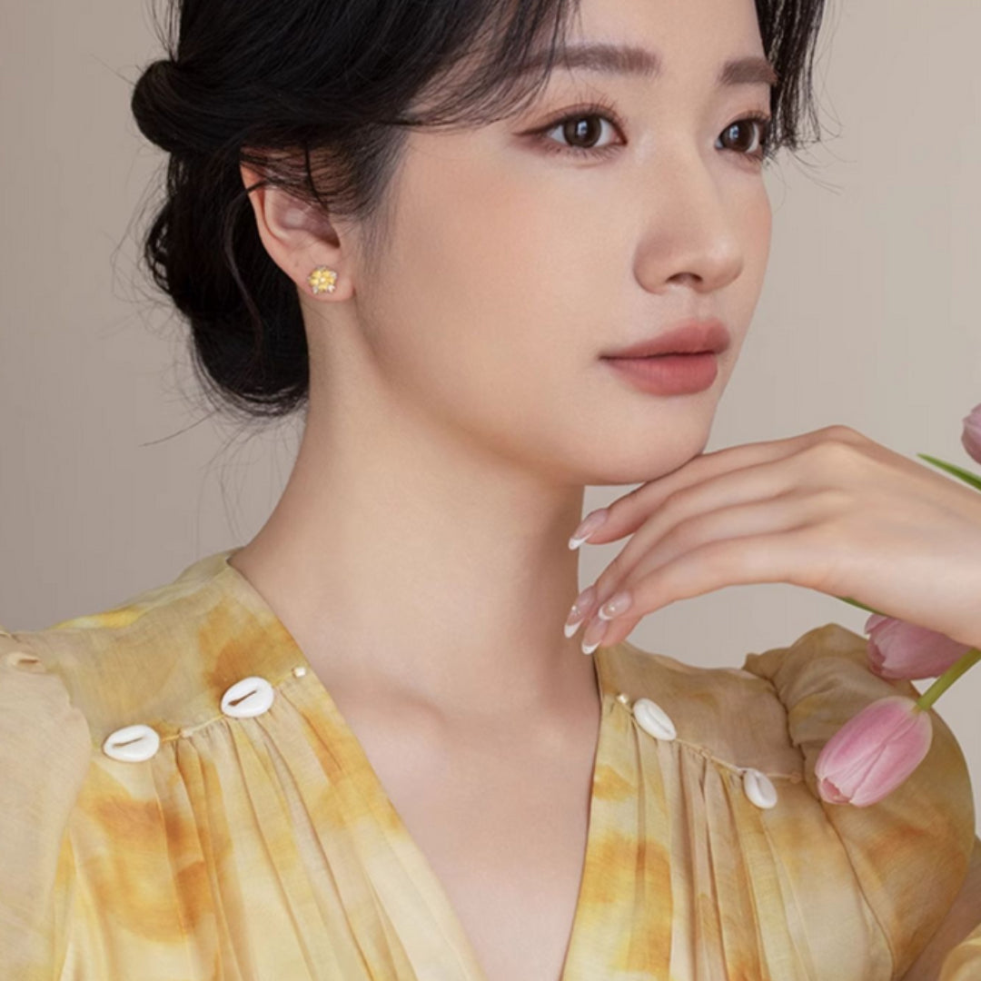 24K Pure Gold Daisy Flower Double color Zircon Elegant Stud Earrings