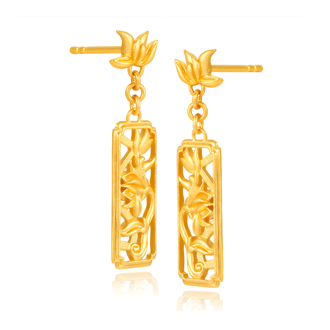 24K Pure Earrings Anicent Style Window Art Lotus Stud Earrings - Gypsophila Co.