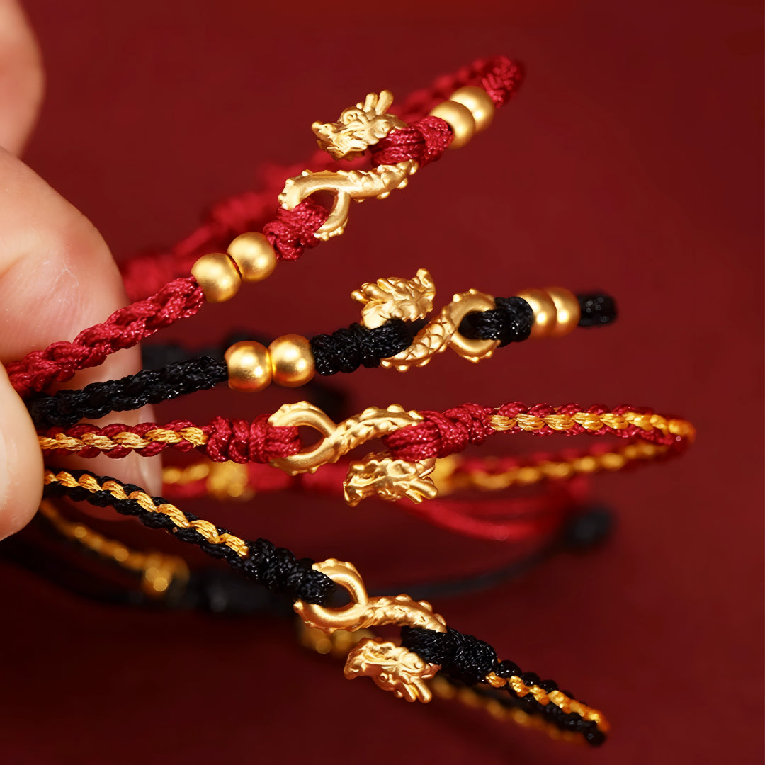 24k Solid 999 Gold Infinity Loop Dragon Pendant with Red String Braided Rope Bracelet and Anklet for Good Luck
