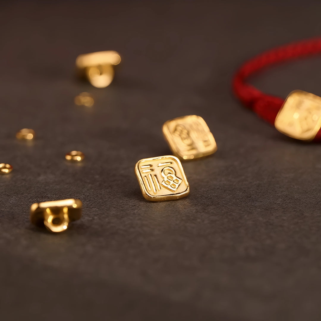 24k Solid 999 Gold Chinese Word Fu Blessing Pendant with Red String Braided Rope Bracelet for Good Luck