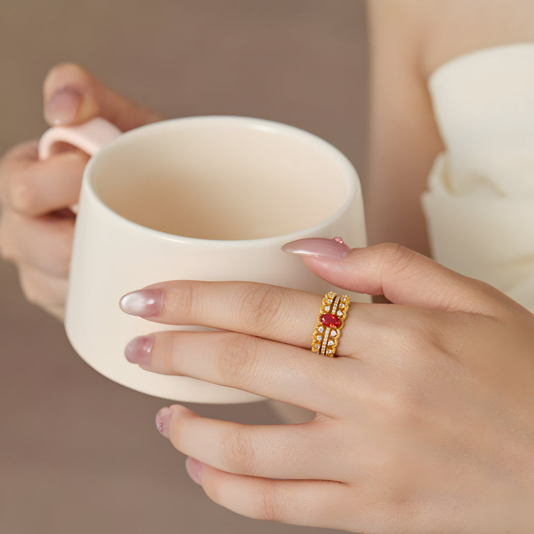 24K Pure Gold Two Rings Detachable Mix and Match D.I.Y Red Zircon Stacking Propsal Wedding Bride Ring - Gypsophila Co.