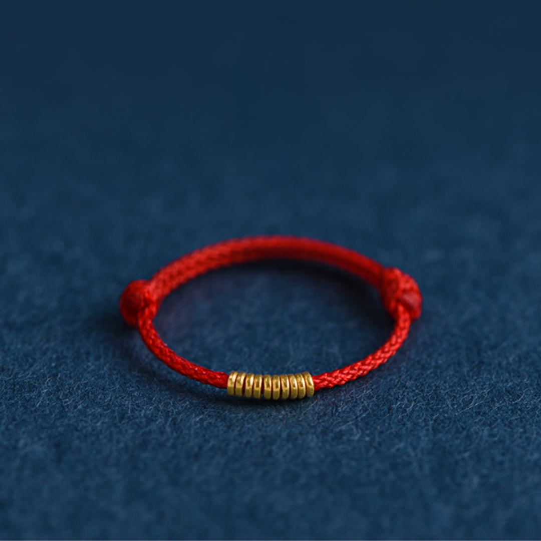 24k Solid 999 Gold Lucky Beads Red Rope Braided Adjustable Stacking Ring Minimal Style