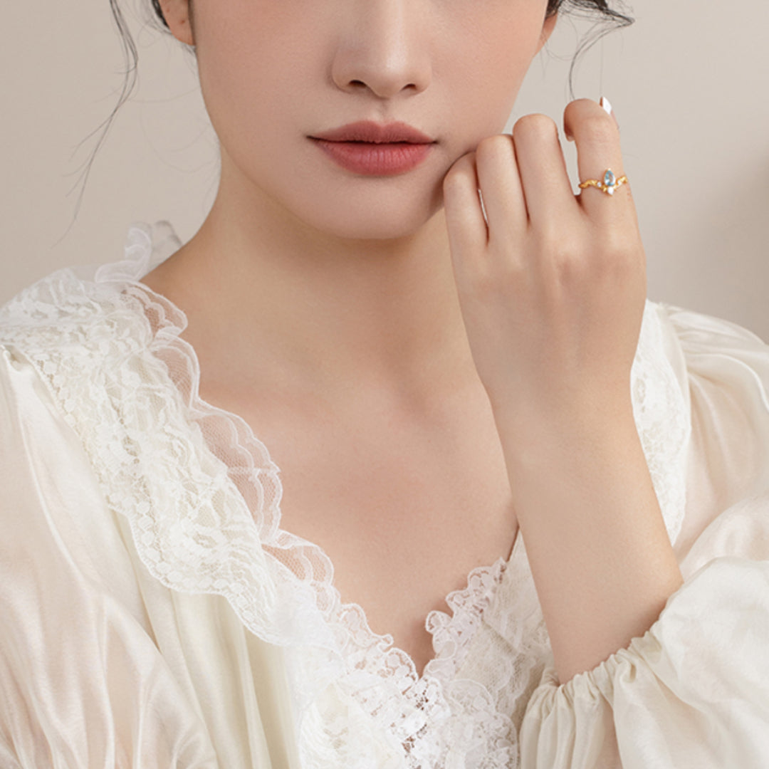 24K Real Gold Blue Water Drop Topaz Moissanite Rococo Style Proposal Ring - Gypsophila Co.