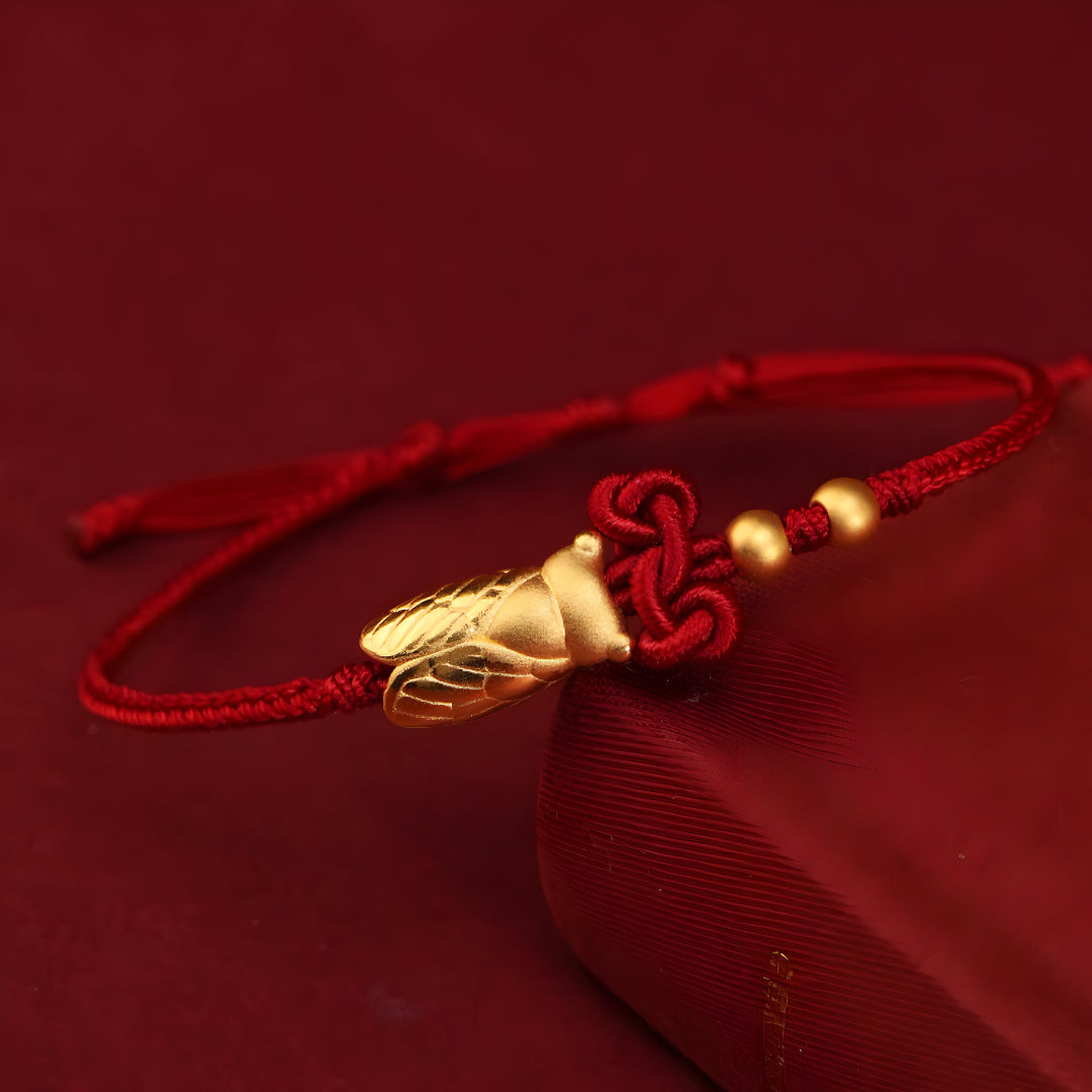 24k Solid 999 Gold Cicada Pendant with Red String Braided Rope Bracelet for Good Luck