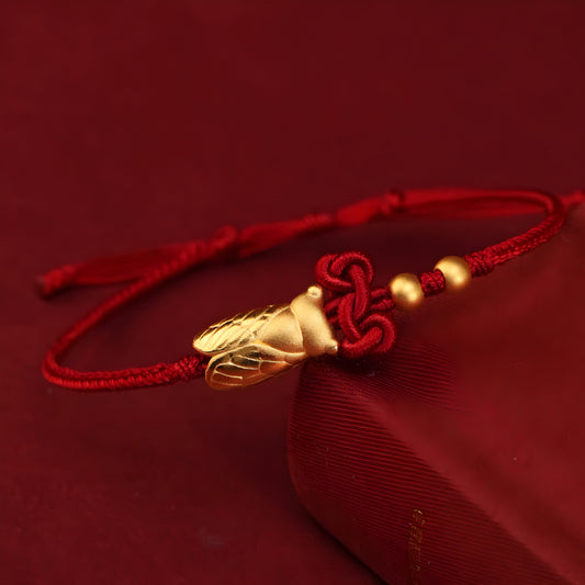 24k Solid 999 Gold Cicada Pendant with Red String Braided Rope Bracelet for Good Luck