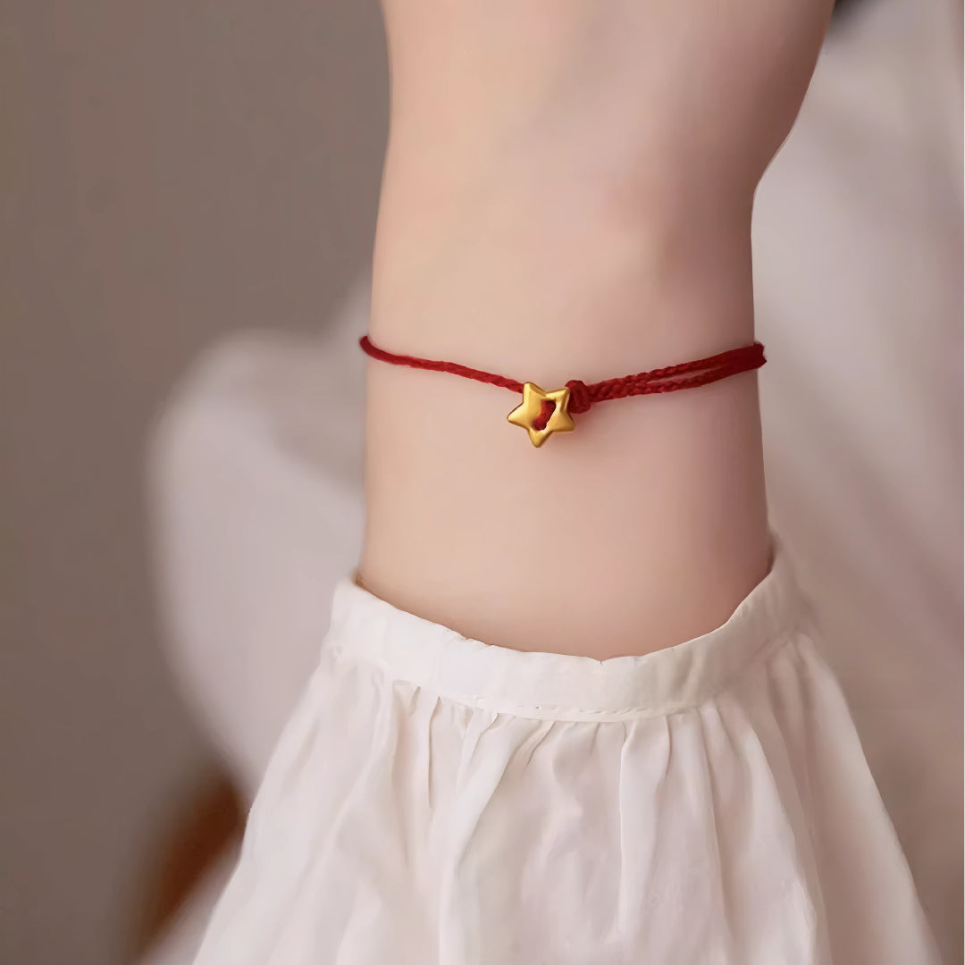 24k Pure 999 Gold Star Cat Dog Deer Apple Charm with Red Rope Bracelet