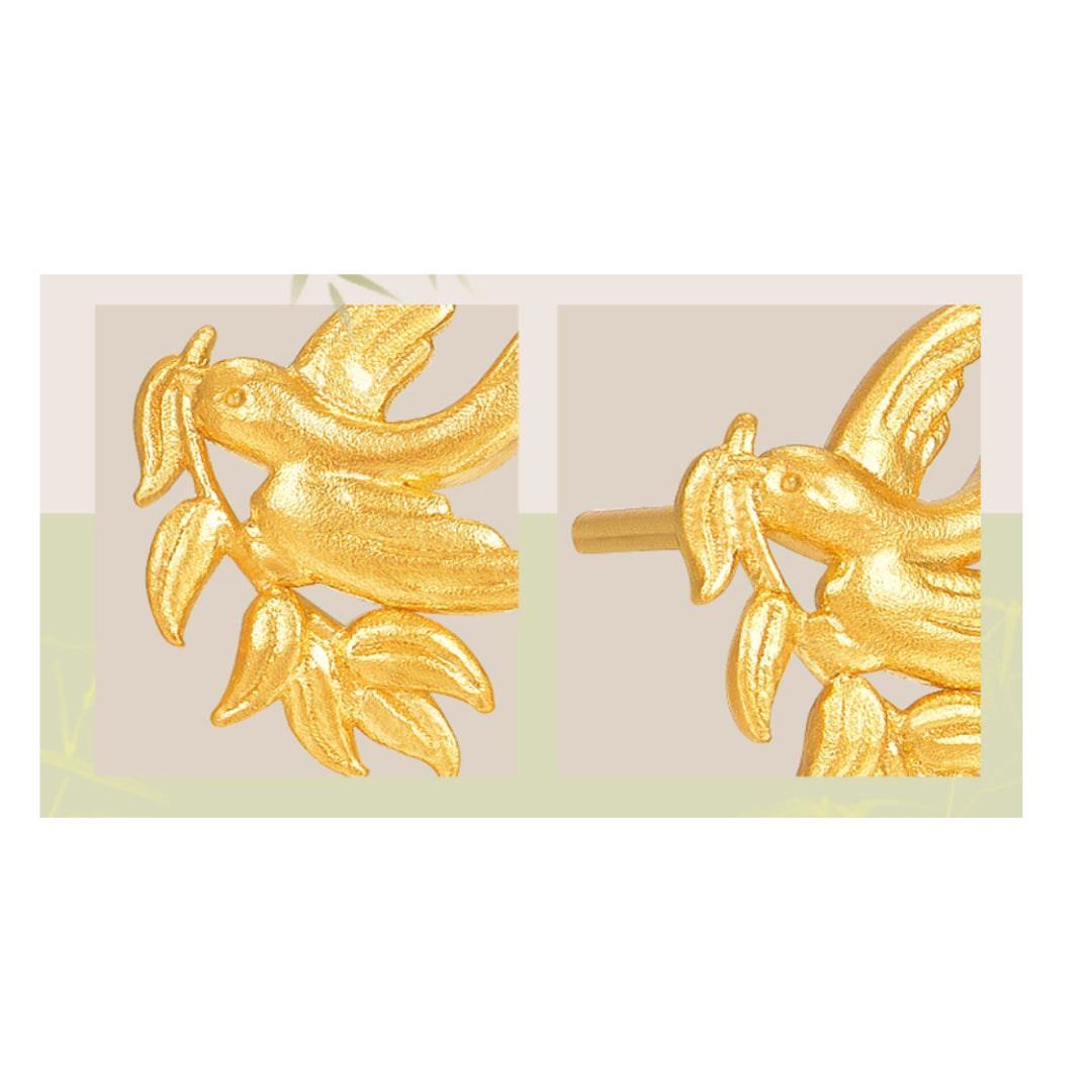 24K Real Gold Bird Swallow Peace Leaf Stud Earrings