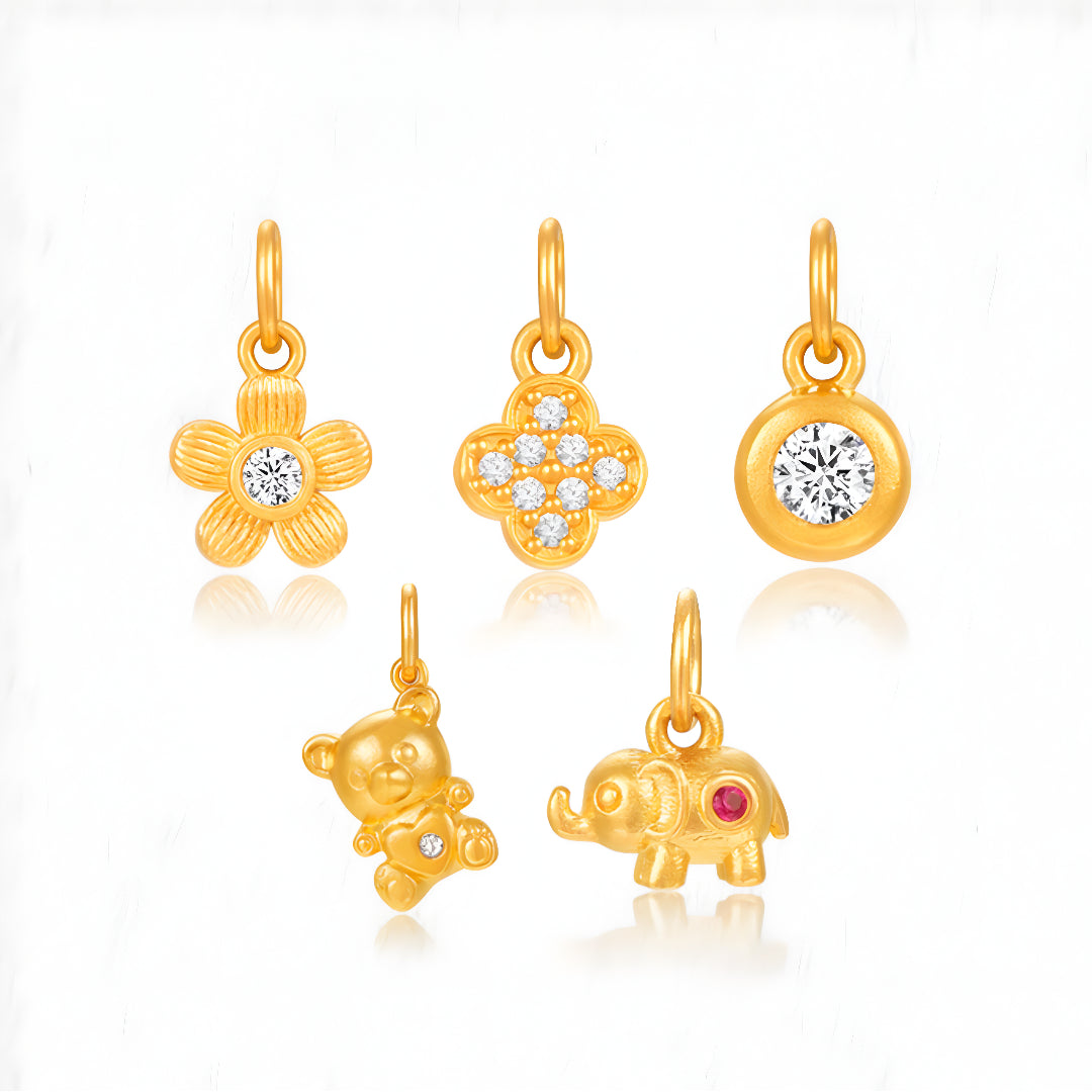 24K Pure Gold Flower Clover Bear and Elephant D.I.Y Charms Pendant