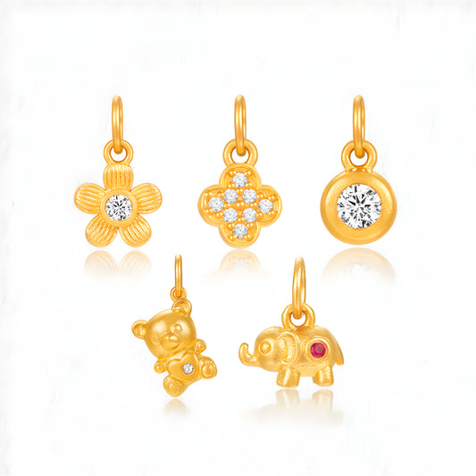 24K Pure Gold Flower Clover Bear and Elephant D.I.Y Charms Pendant