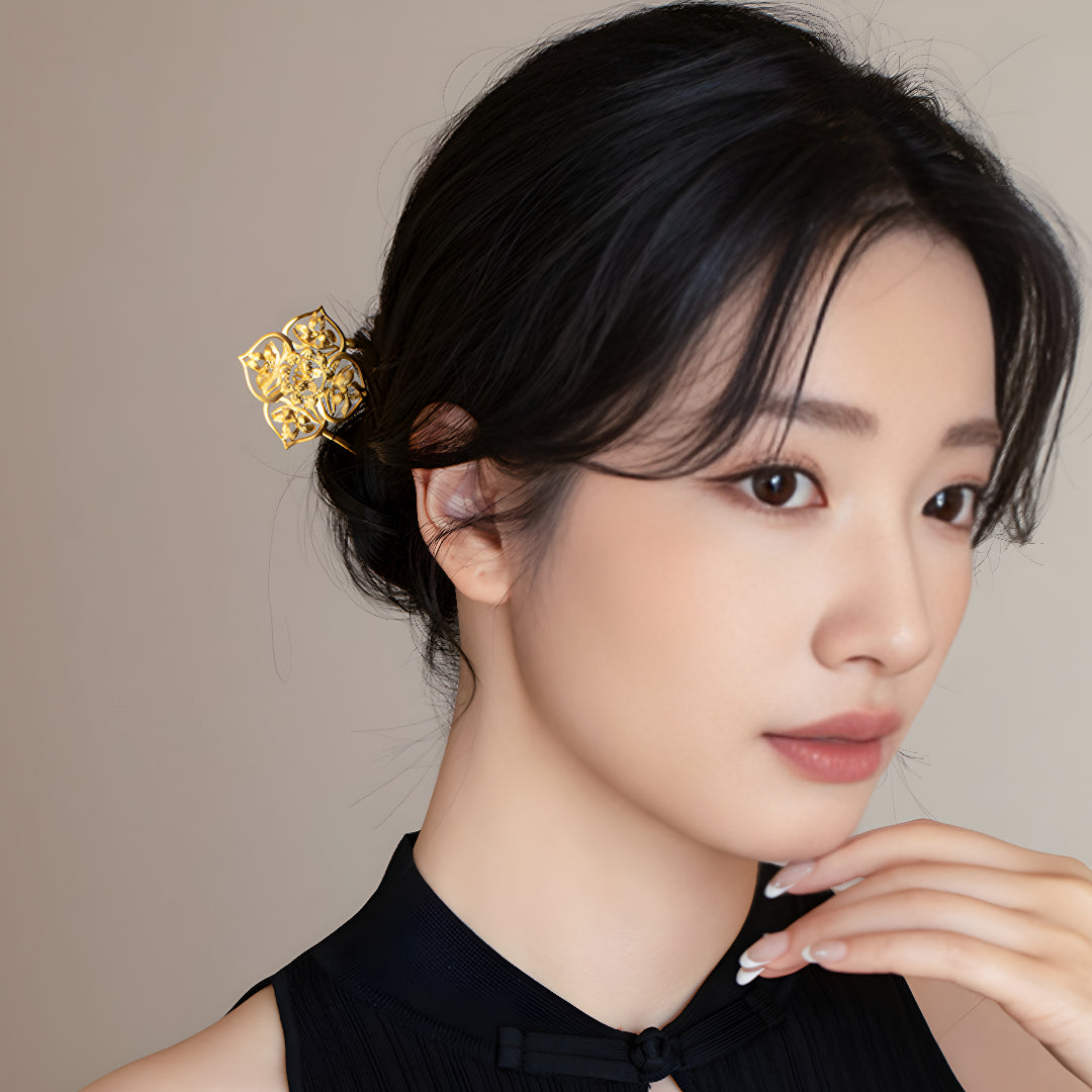 24k Gold Flower Lotus Hand-Carved Hairpin Hair Bun Stick