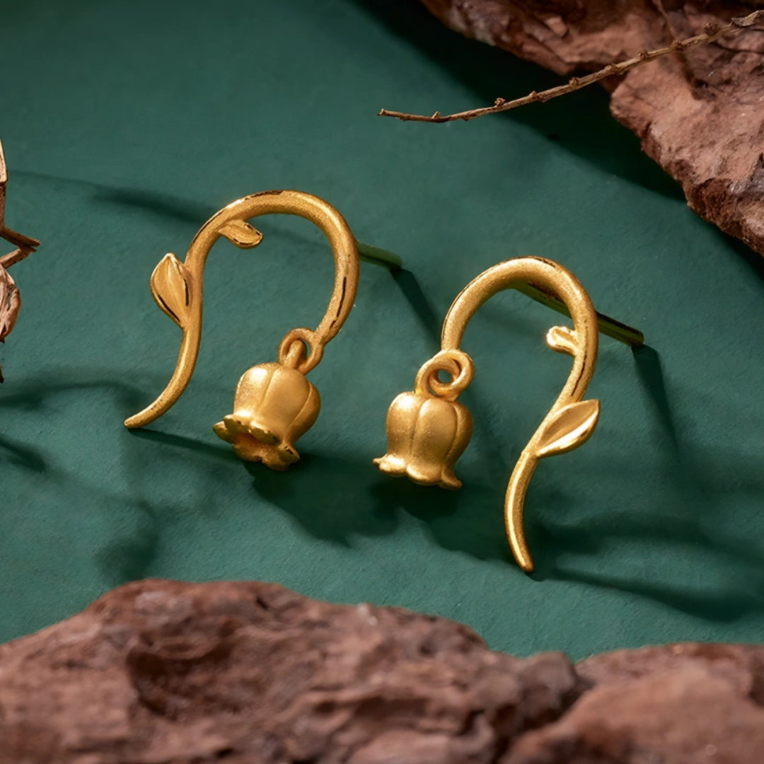 24K 999 Pure Gold Lily Flower Stud Earrings