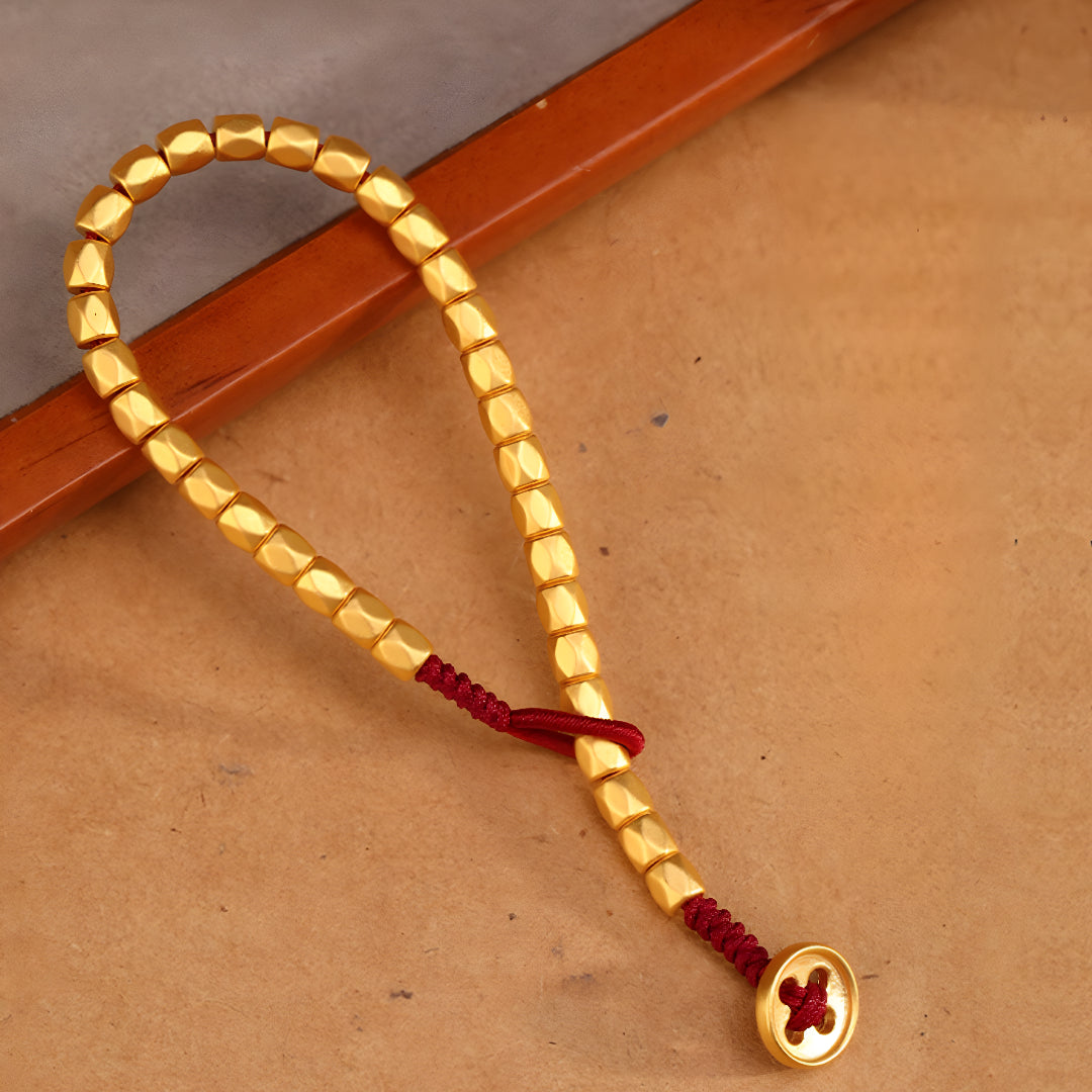 24k Solid 999 Gold Beads Red Braided Rope Bracelet for Men and Women Blessing and Luck