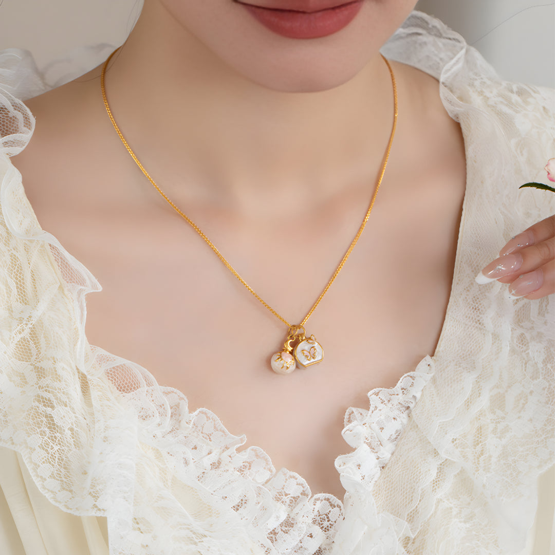 24K Pure Gold Pink Enamel 5D Hard Gold Dog Happy Face Bow and Perfume Bottle Charm D.I.Y Pendant - Gypsophila Co.