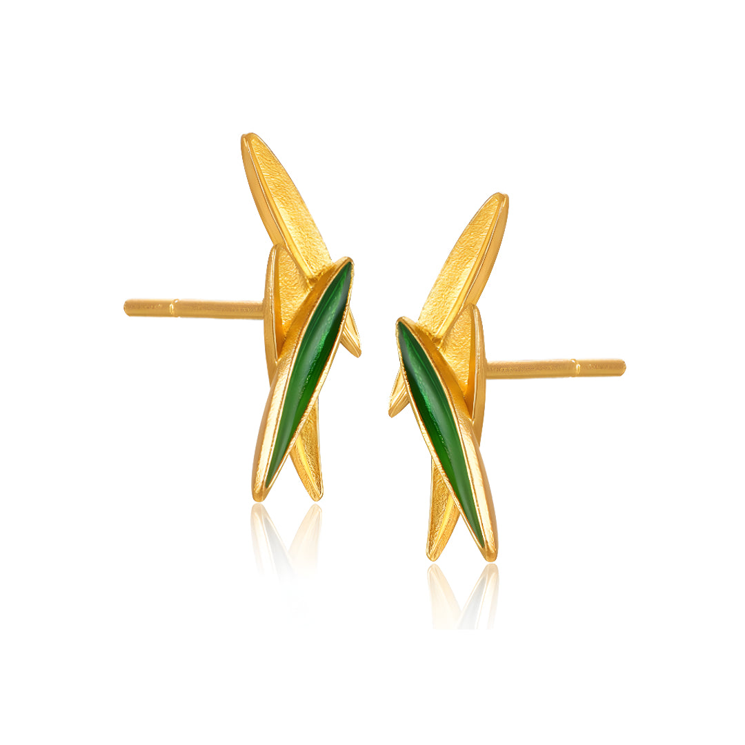 24k Pure Gold Green Enamel Bamboo Leaves Elegant Stud Earrings - Gypsophila Co.