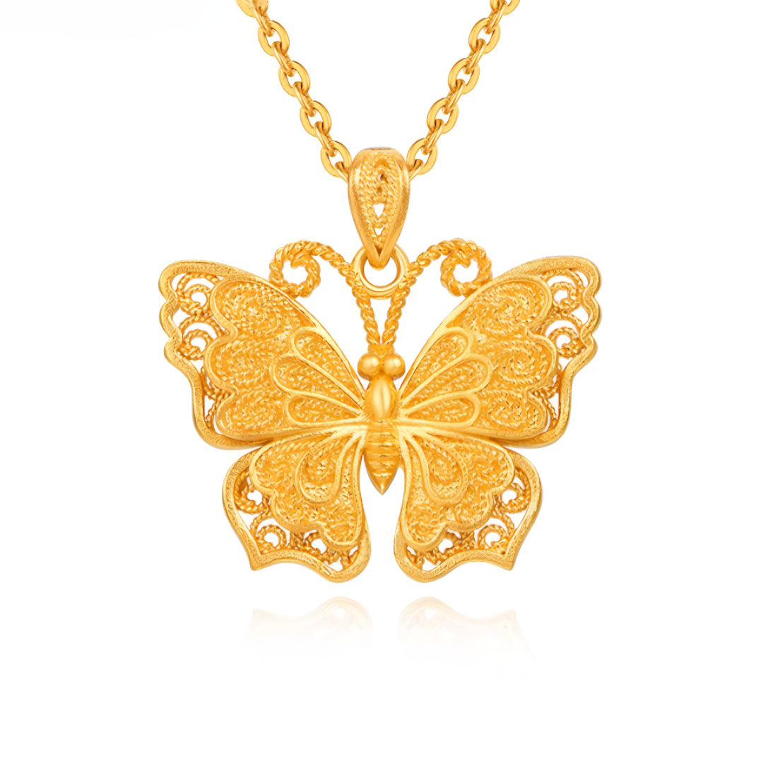 24K Gold 999 Pure Gold Filigree Butterfly Pendant - Gypsophila Co.