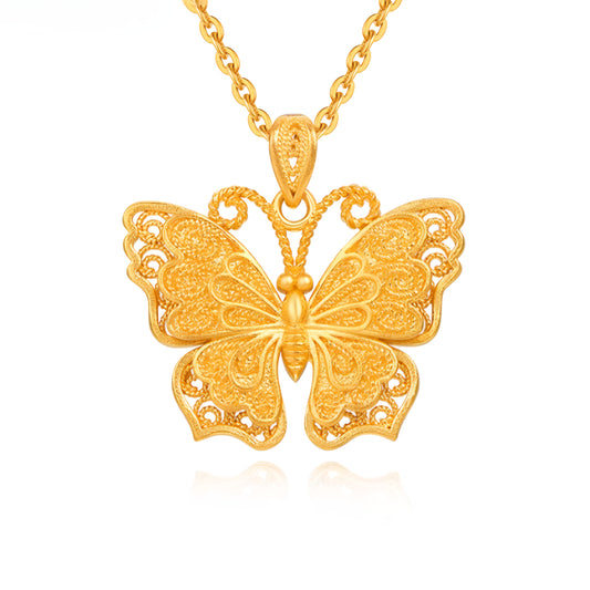24K Gold 999 Pure Gold Filigree Butterfly Pendant - Gypsophila Co.