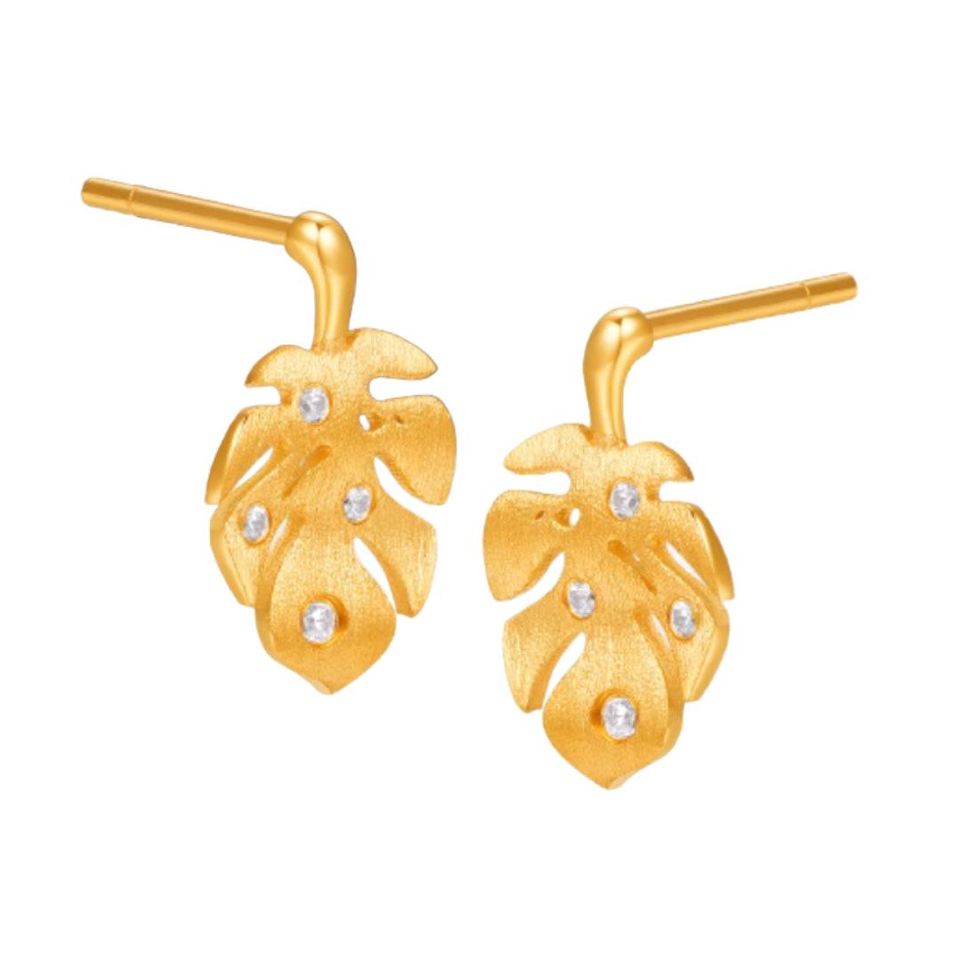 24k Pure Gold Leaf Leaves Zircon Stud Earrings