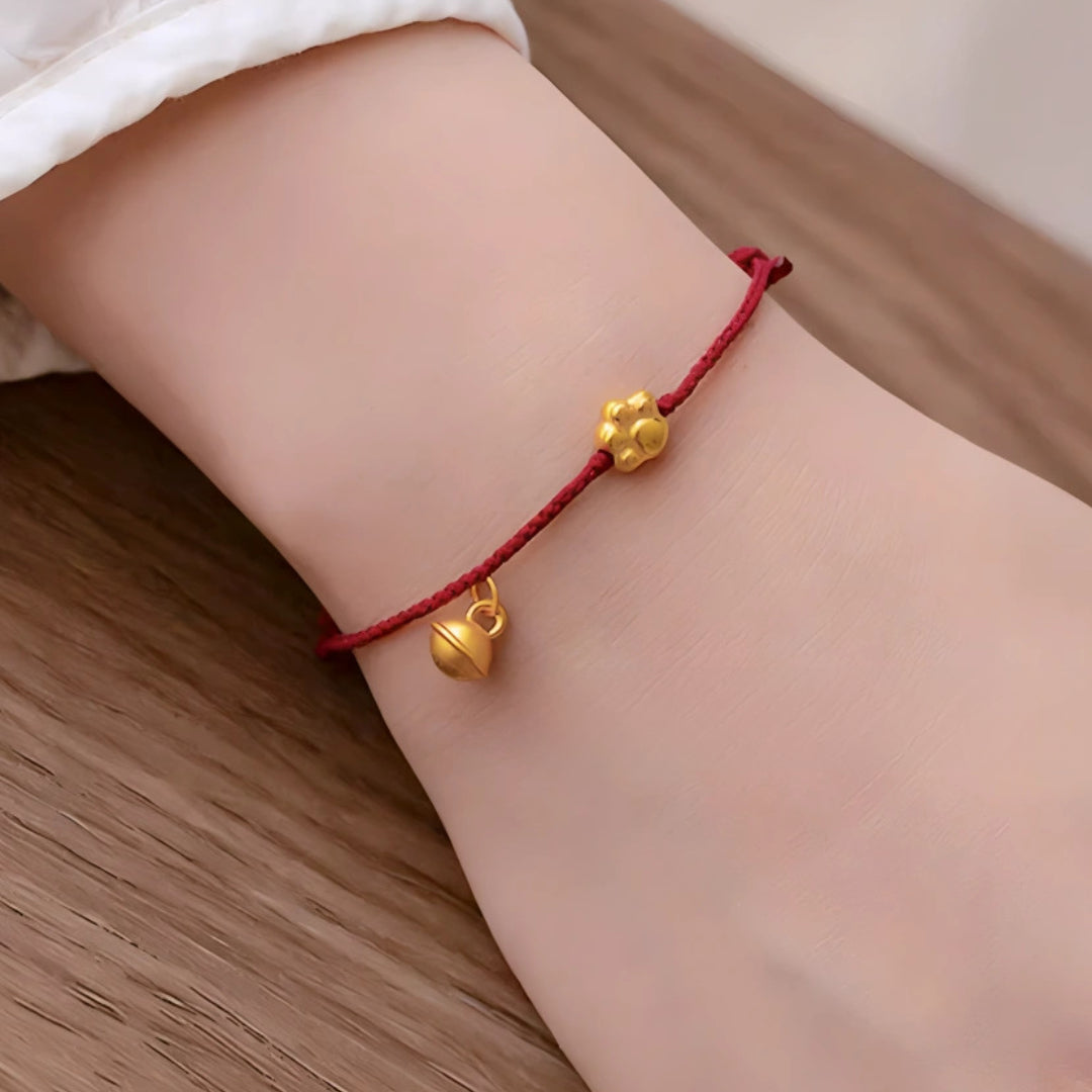 24k Pure 999 Gold Lucky Cute Cat's Paw and Beads with Red Rope Bracelet