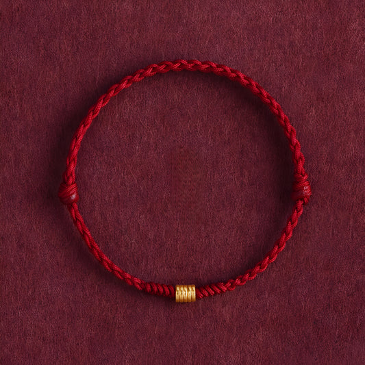 24k Solid Gold 999 Gold Round Circle beads Red Rope Braided Bracelet Men and Women Bracelet