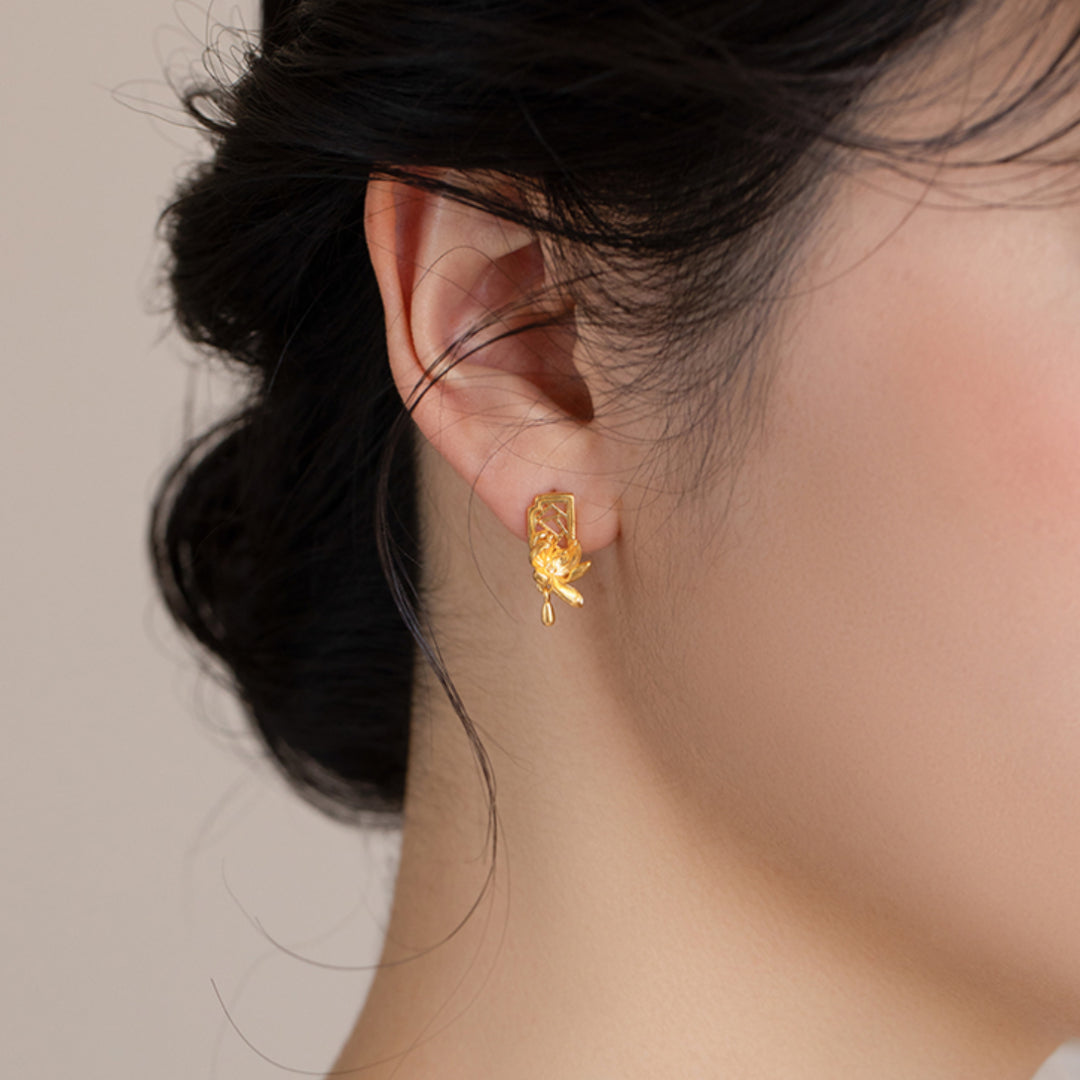 24K Pure Earrings Anicent Style Window Art Lotus Stud Earrings - Gypsophila Co.