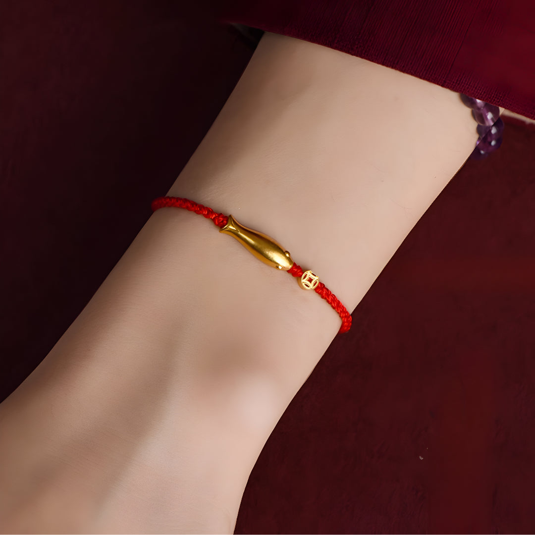 24k Solid 999 Gold Koi Carp Lucky Fish Red Rope Bracelet for Men and Women Braided Bracelet Bring Luck and Wealth