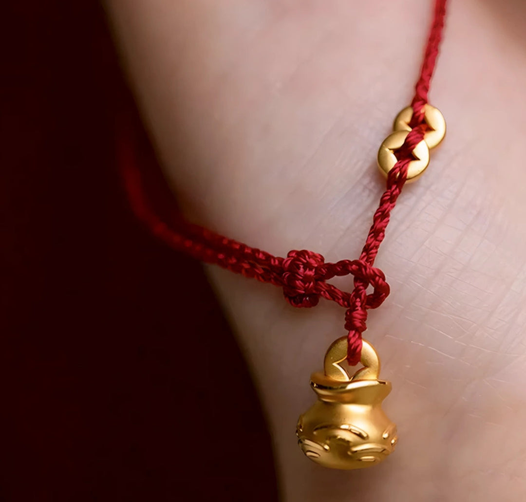 24k Pure 999 Gold Lucky Bag with Coin Red Rope Bracelet