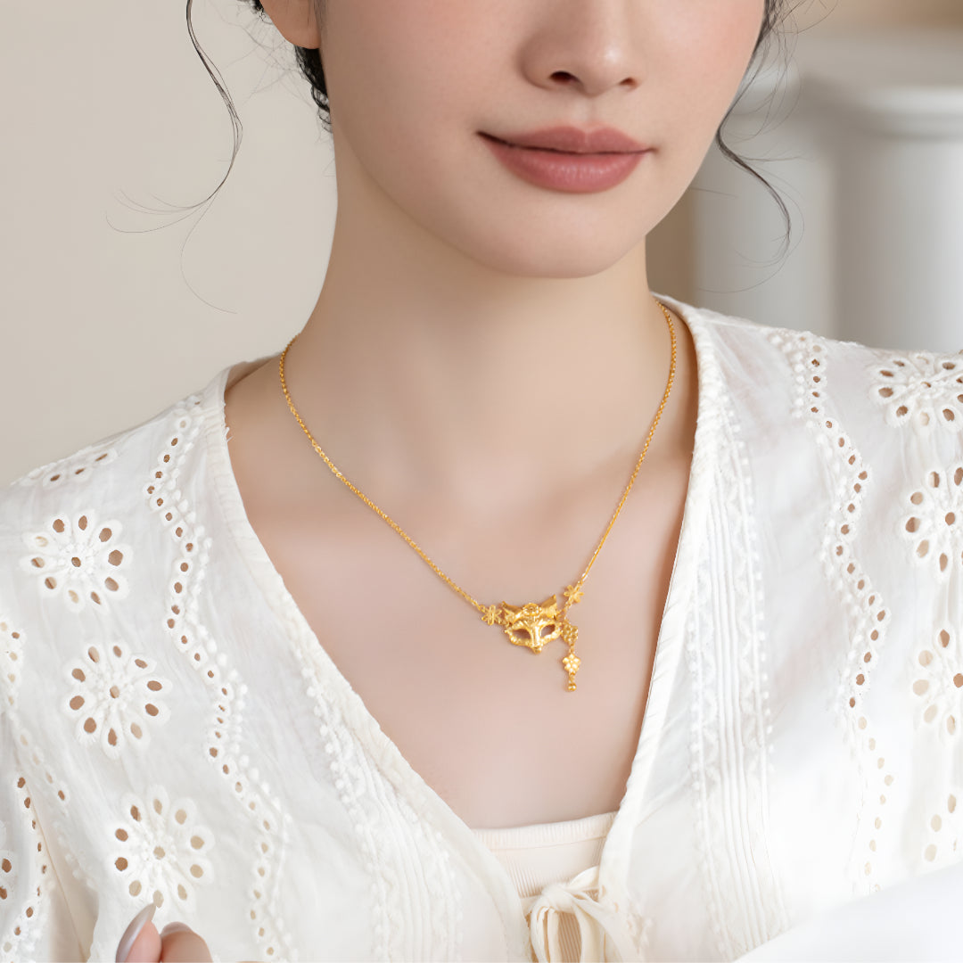 24K Pure Gold Peach Blossom Flower Fox Mask Charm Necklace - Gypsophila Co.