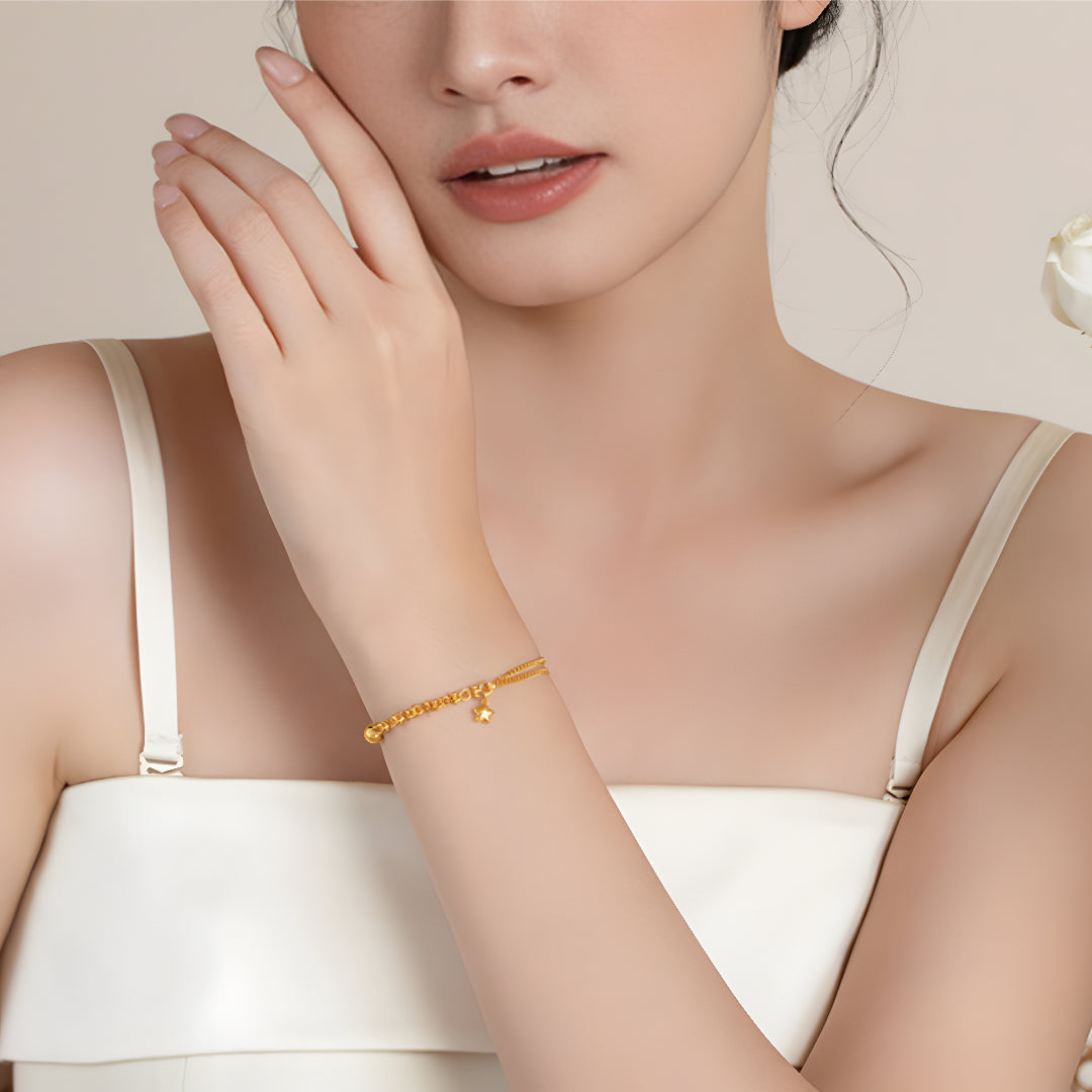24K Pure Gold Moissanite Star and Planet Charm Fairy Tale Double Chain Bracelet - Gypsophila Co.