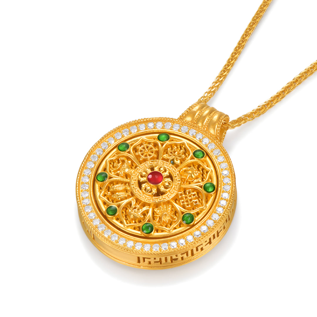 24K Pure Gold Eight Treasures Compass Rotatable pendant with Necklace - Gypsophila Co.