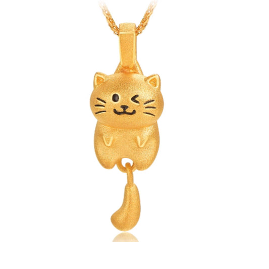 24K Pure Gold Playful Enamel Kitty Cat wiggle Tail Pendant