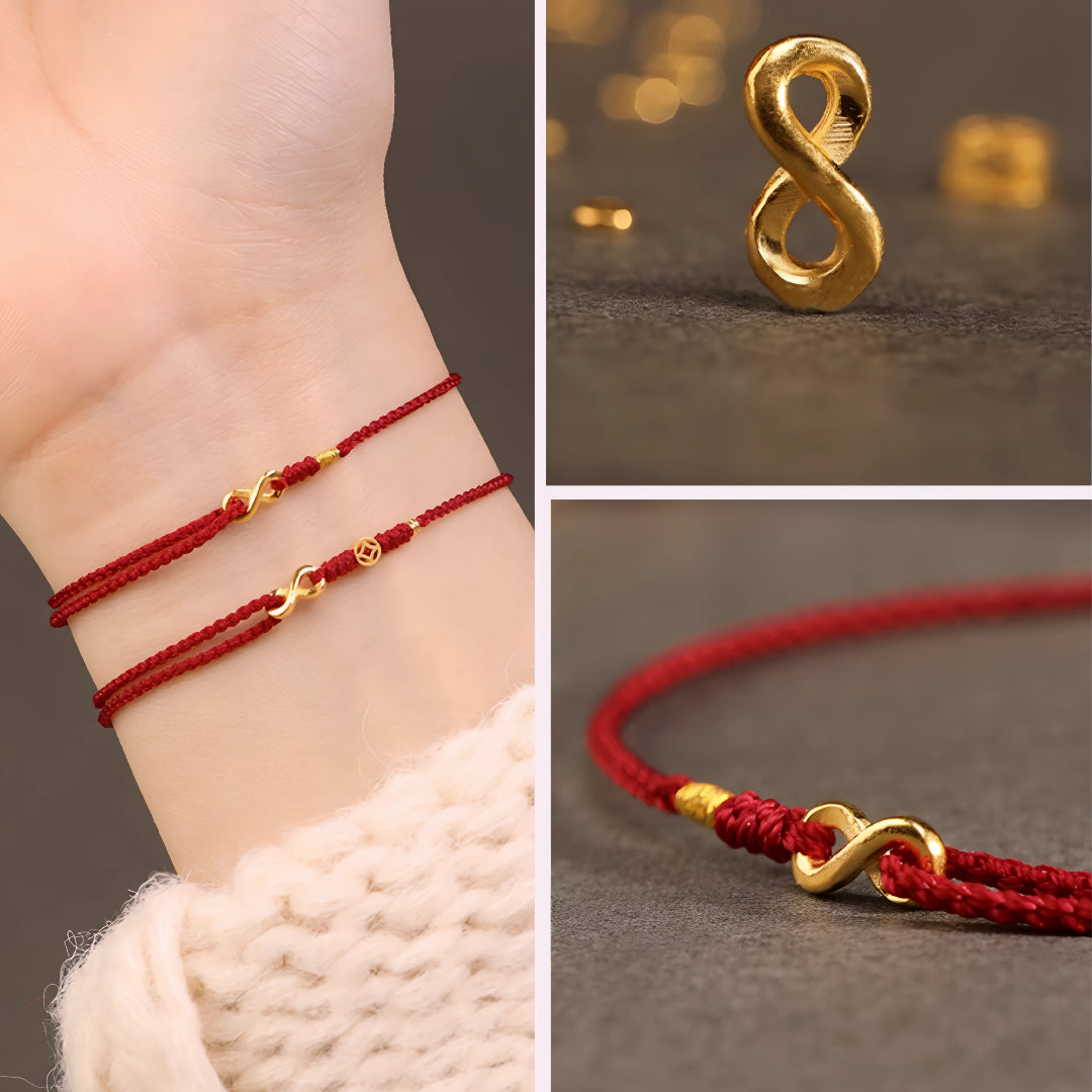 24k Solid 999 Gold Blessing Infinity Loop Pendant with Red String Braided Rope Bracelet and Anklet for Good Luck