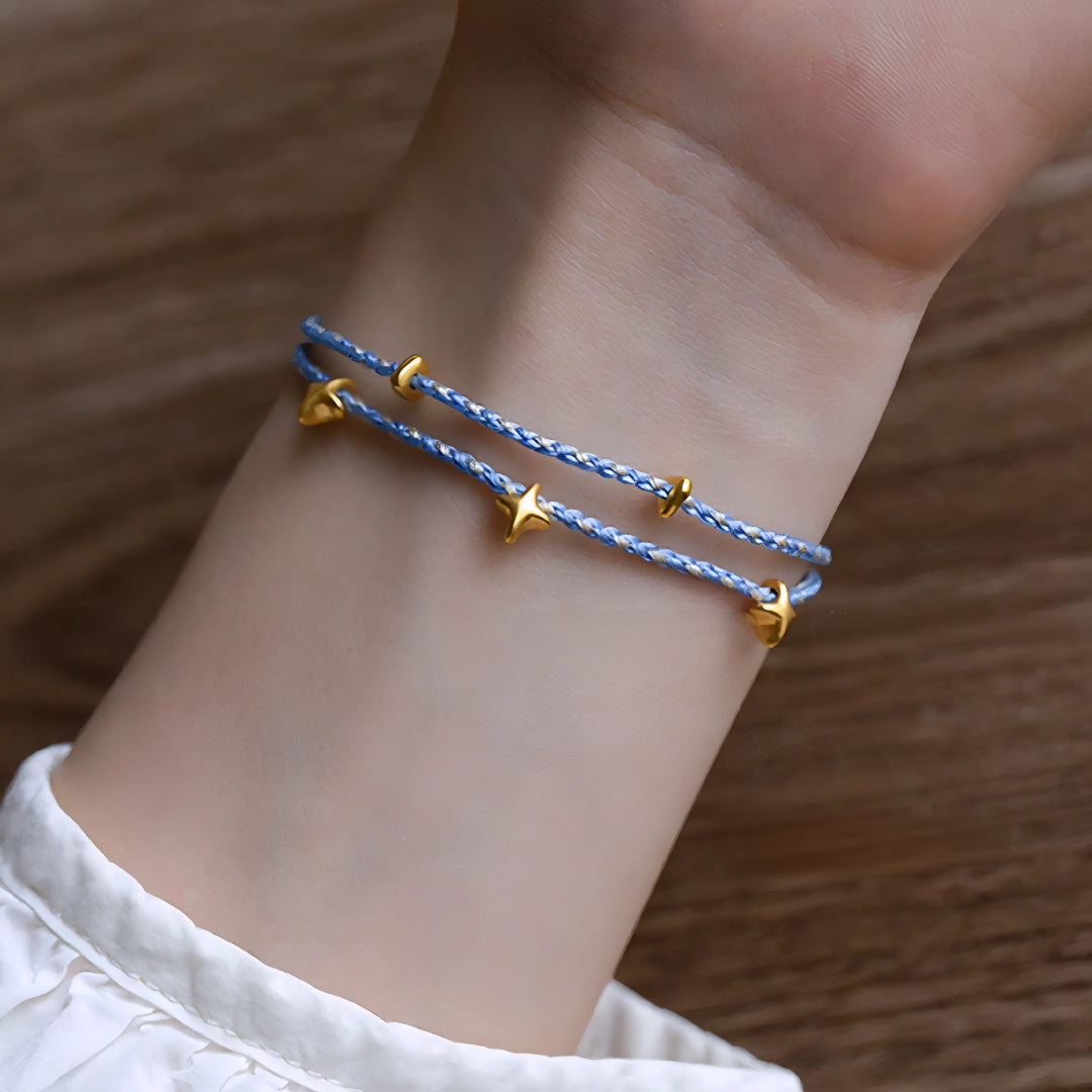 24k Pure 999 Gold Sea of Star Charm with Red or Blue Braided Rope Bracelet