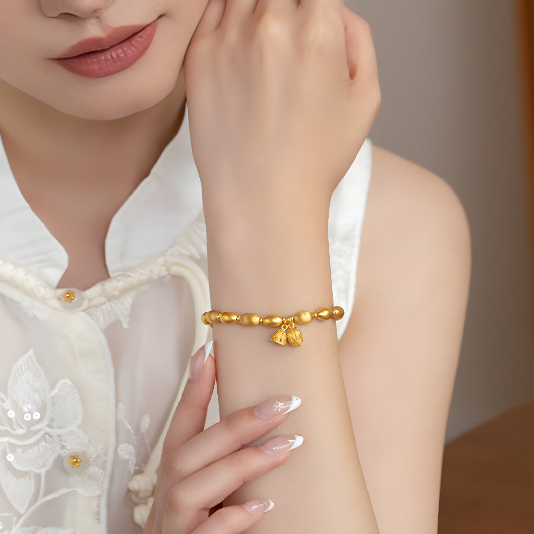 24k Real Gold Beads Bracelet with Lotus Charm Pendant - Gypsophila Co.