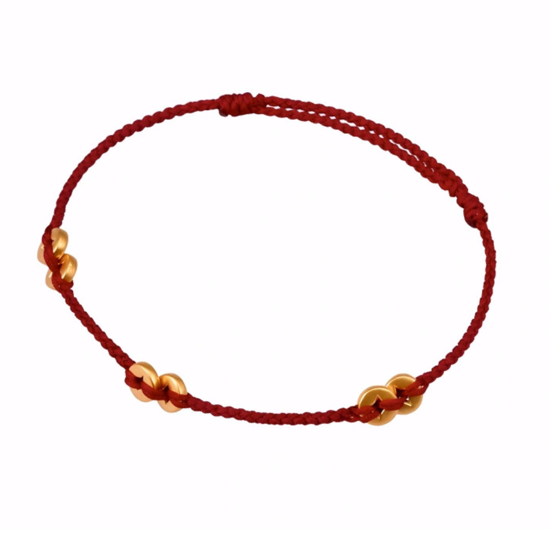24k Pure 999 Gold Lucky Chinese Coin Red Rope Bracelet