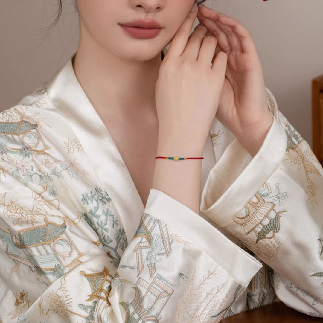 24K Real Gold Lucky Gourd with Red Braided Rope Bracelet