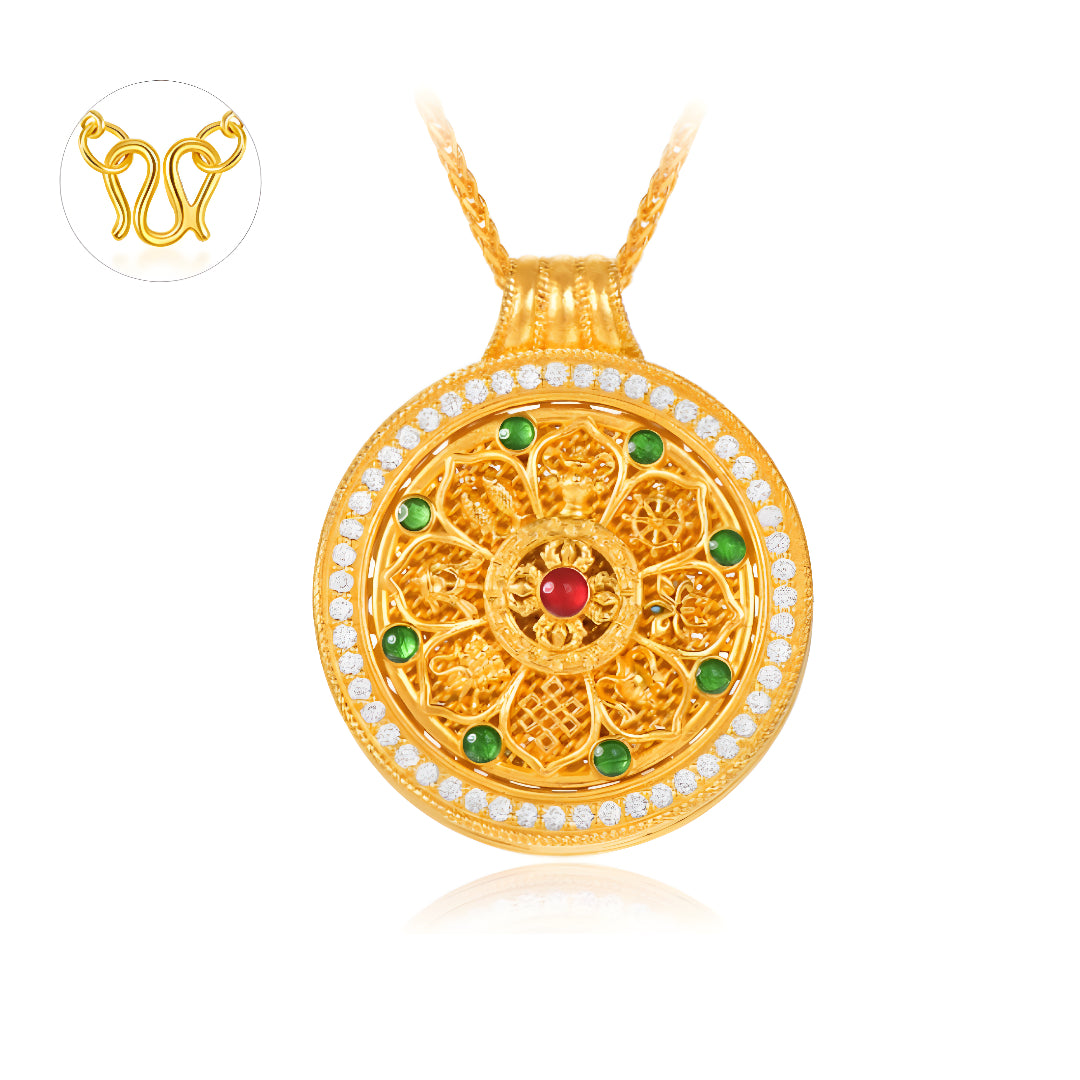 24K Pure Gold Eight Treasures Compass Rotatable pendant with Necklace - Gypsophila Co.