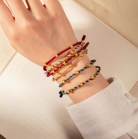 24k Pure 999 Gold Lucky Beads with Braided Rope Bracelet