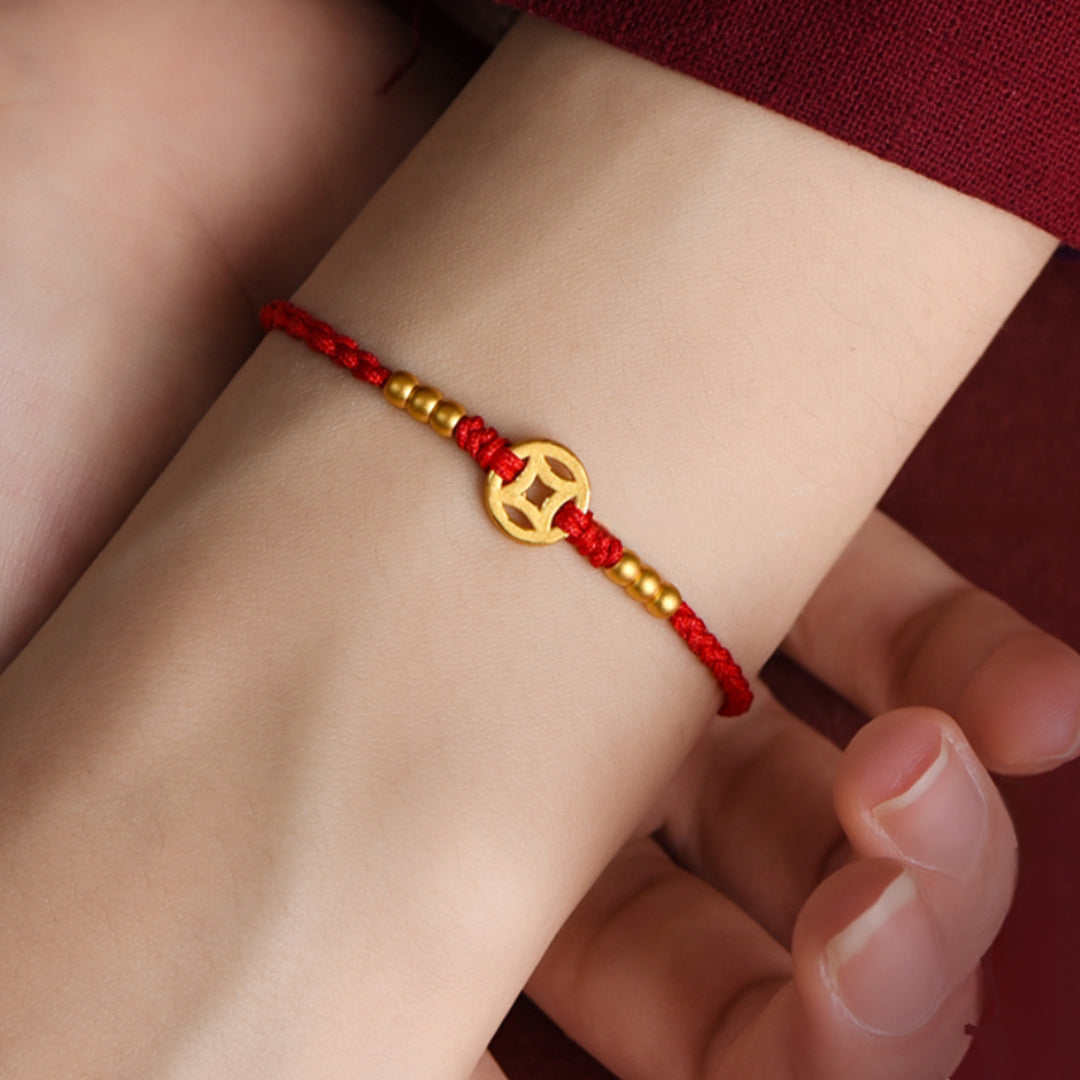 24k Solid 999 Gold Chinese Coin Red Rope Bracelet for Men and Women Blessing and Bring Wealth Braided Bracelet