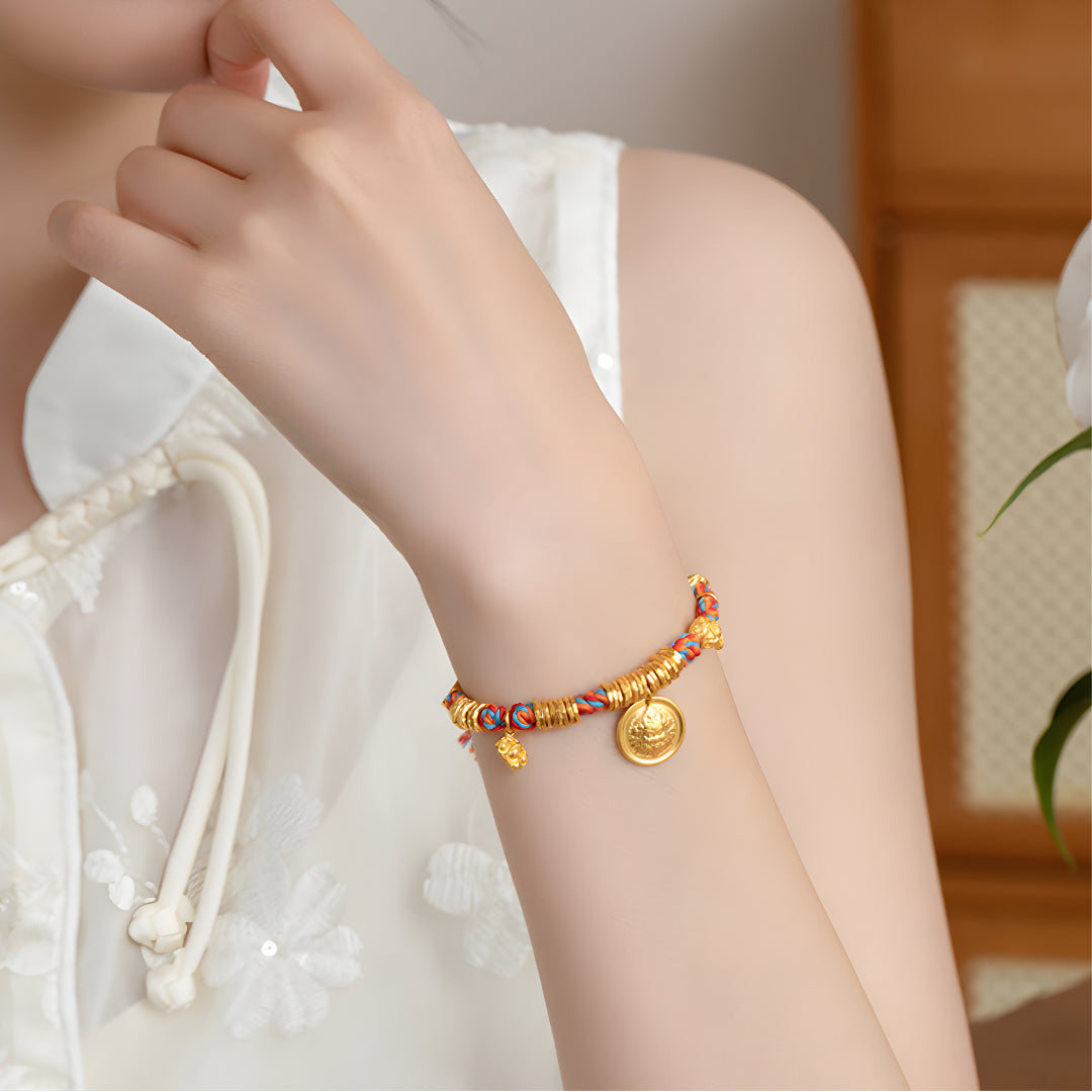 24K Pure Gold Dunhuang God of Wealth Gold Pendant Braided Rope Bracelet - Gypsophila Co.