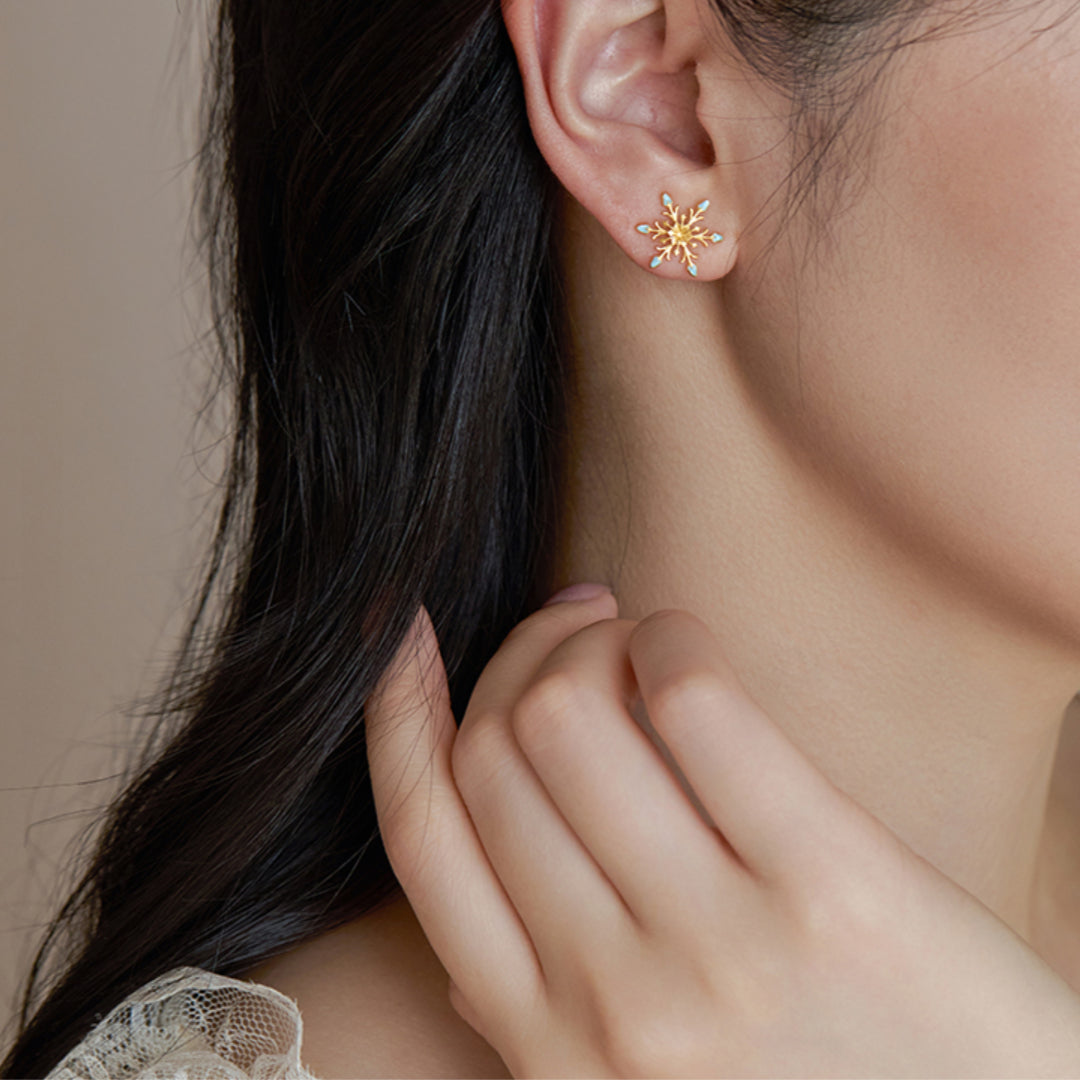24K Real Gold Snow Snowflake Enamel Stud Earrings Great for Holiday Gift