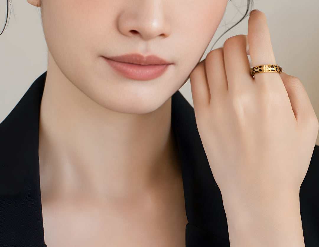 24k Pure Gold Leopard Enamel Pattern Statement Ring - Gypsophila Co.