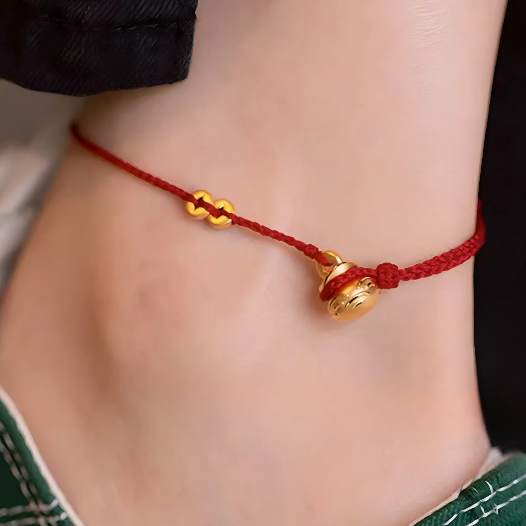 24k Pure 999 Gold Lucky Bag with Coin Red Rope Bracelet