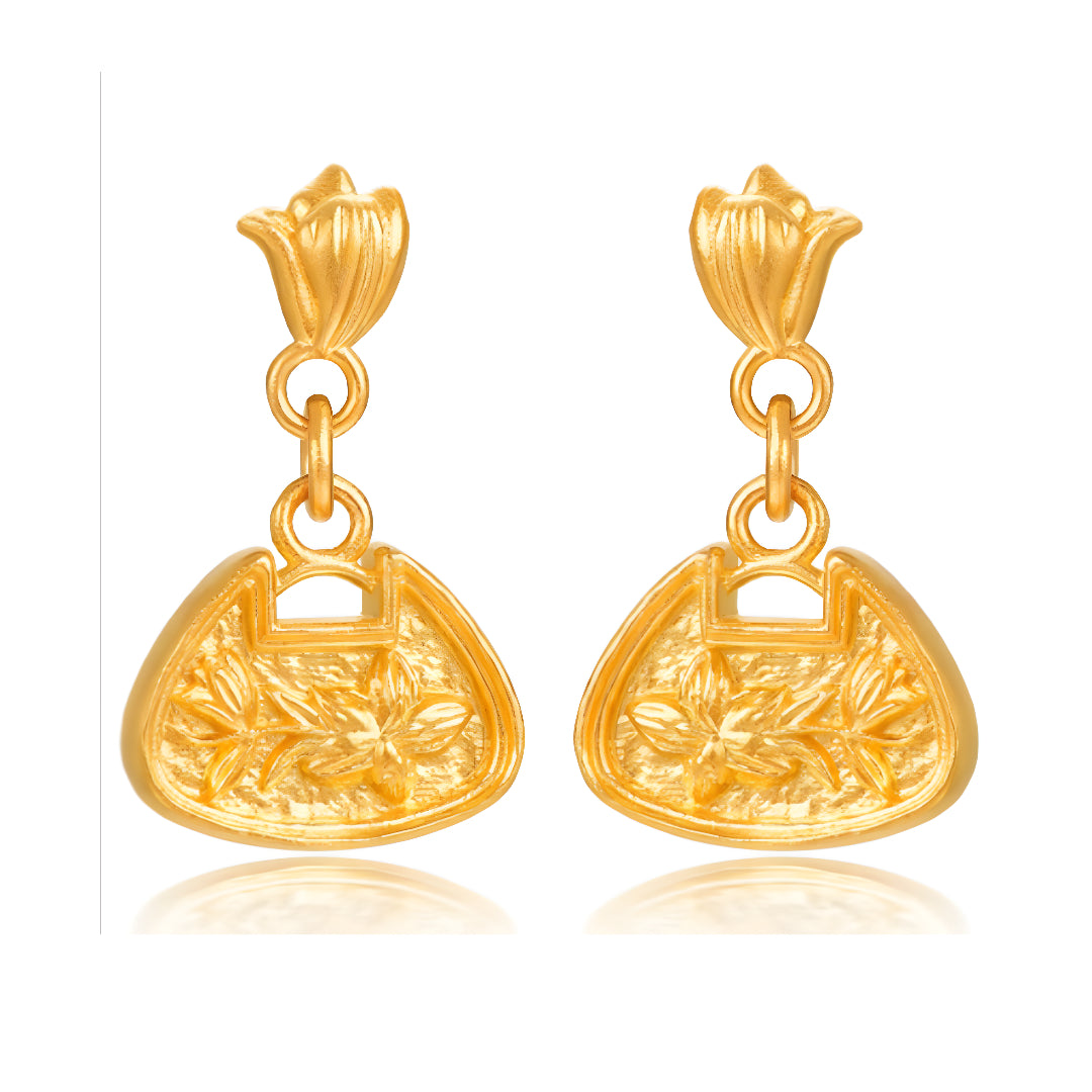 24k Real Gold Ancient Triditional Style Solid Snow Orchid Flower Stud Earrings