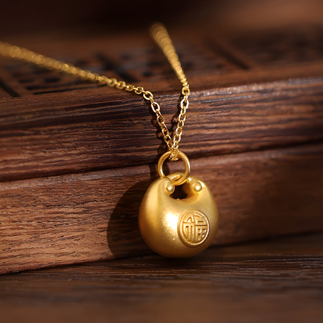 24K Real Gold 3D Hard Gold Fu Blessing Lock Bag Charm Pendant