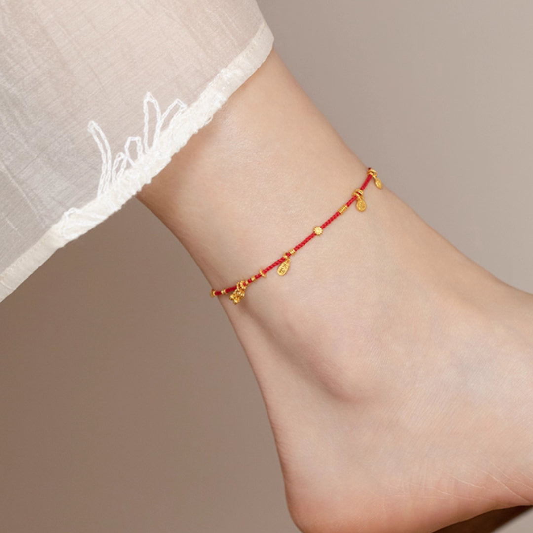24K Real Gold beads Charms Blessing Bell Lucky Red Rope string Braided Anklet