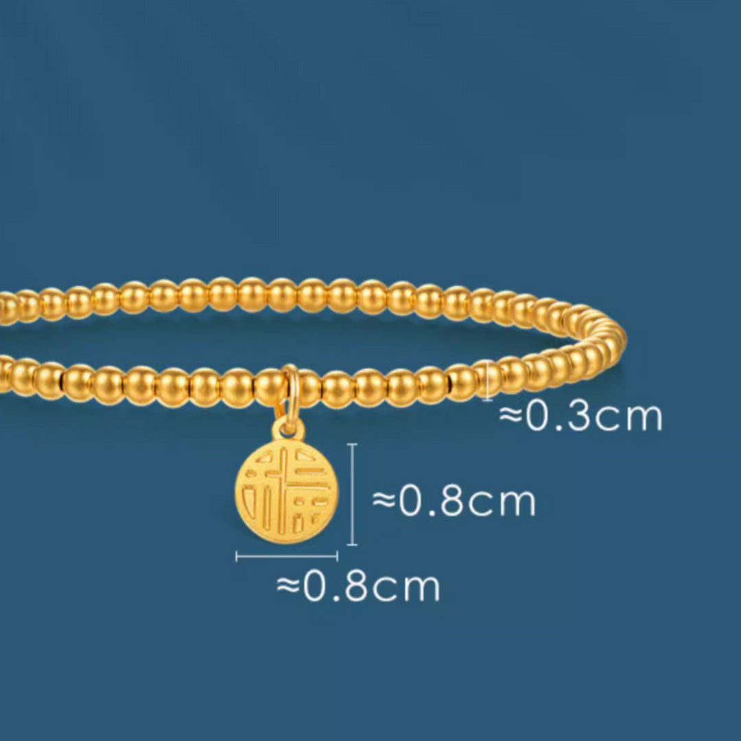 24K Beads Minimal Bracelet with Blessing Chinese Font Fu Charm for Good Luck