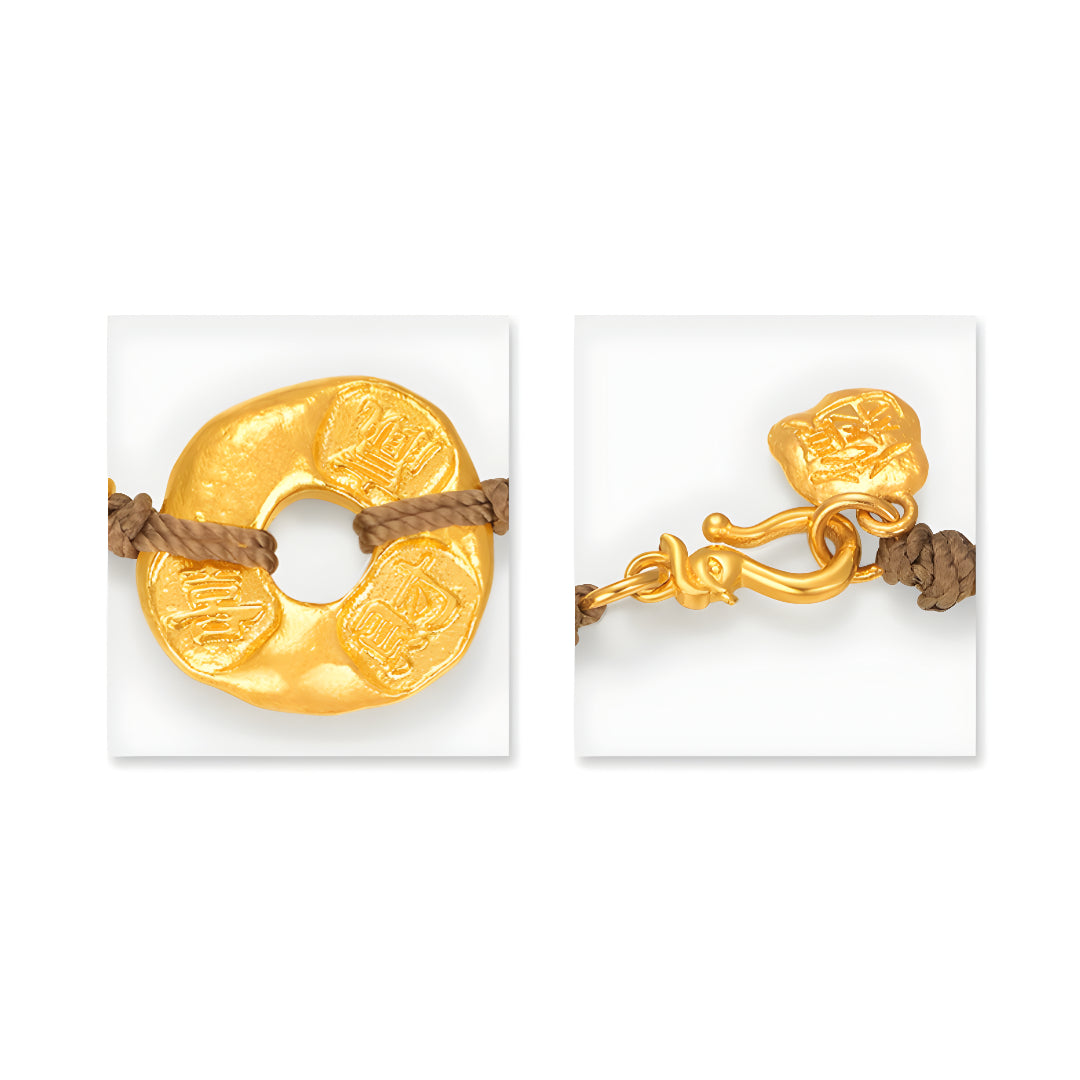24K Pure Gold Lucky Chinese Words Charm with Braided Rope Bracelet