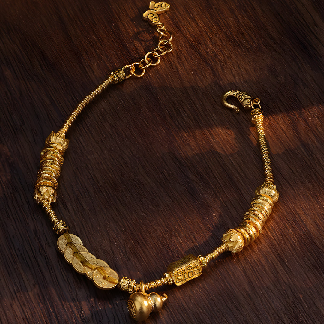 24K Real Gold Five Elements Blessing Coin Bring Wealth Gourd Gold Bracelet