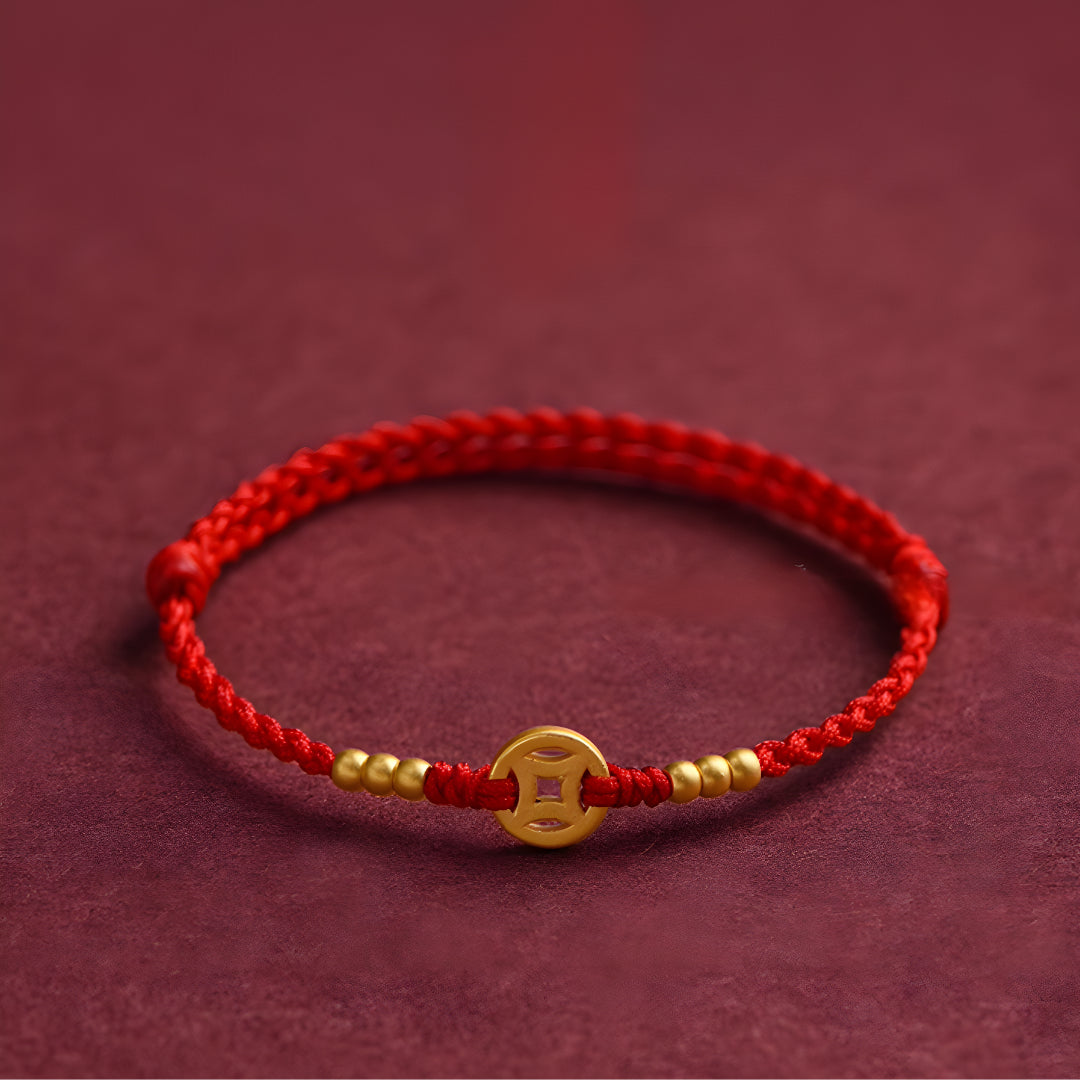 24k Solid 999 Gold Chinese Coin Red Rope Bracelet for Men and Women Blessing and Bring Wealth Braided Bracelet