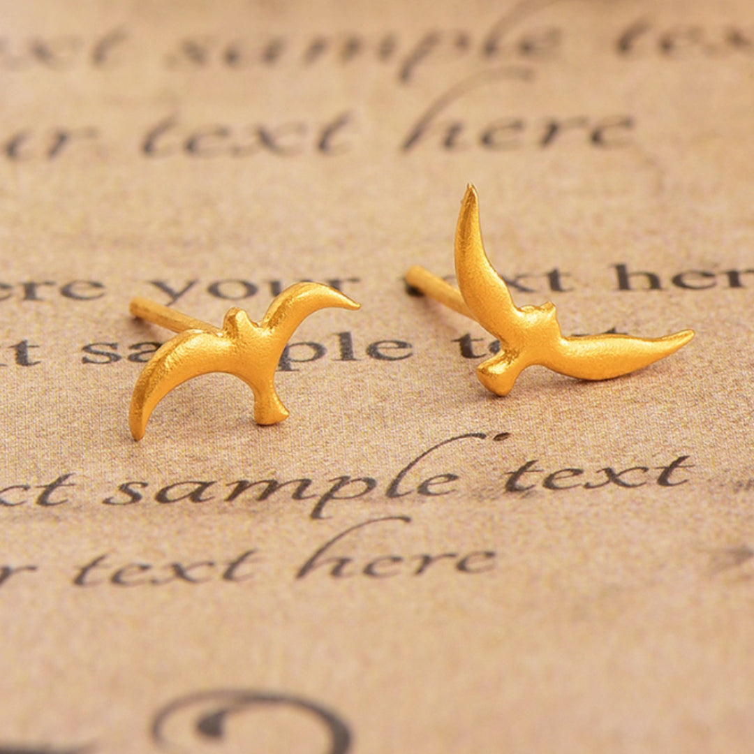 24K Pure Solid Gold Bird Stud Earrings